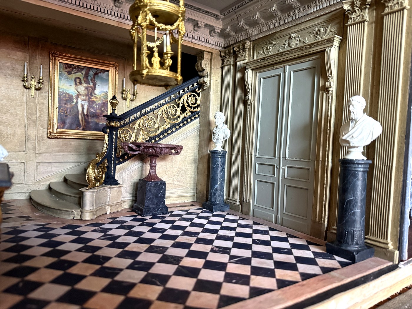 Louis XVI hall with chequerboard floor and staircase — 1:12 scale Marly Collection miniature interiors
