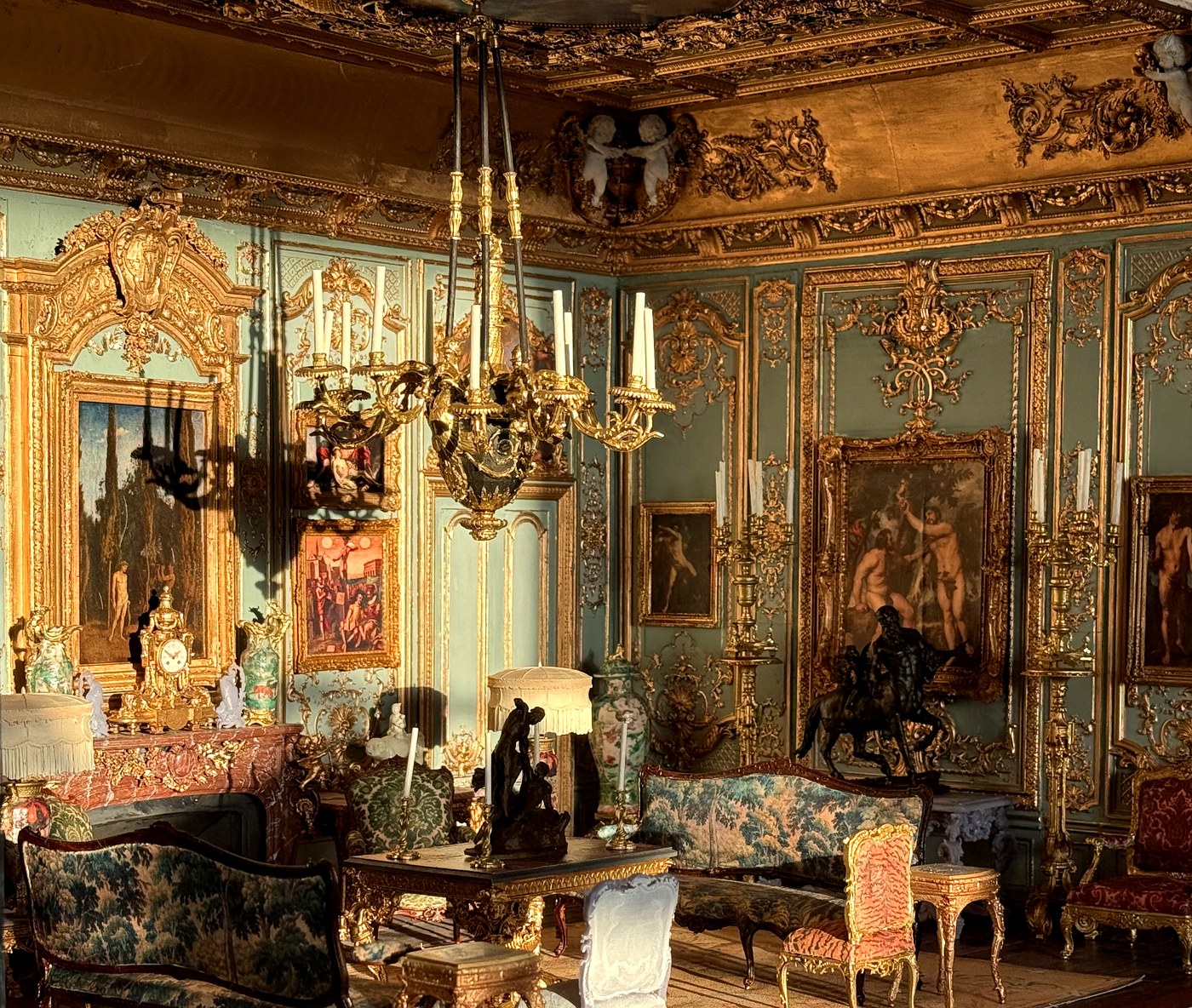 French Rococo boiserie salon interior with gilt chandelier — 1:12 scale miniature architecture